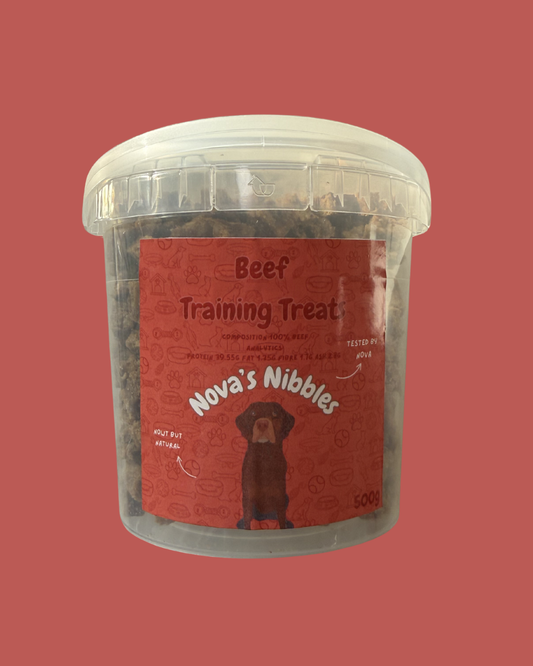 Clear container of Nova's Nibbles dog training treats on a red background